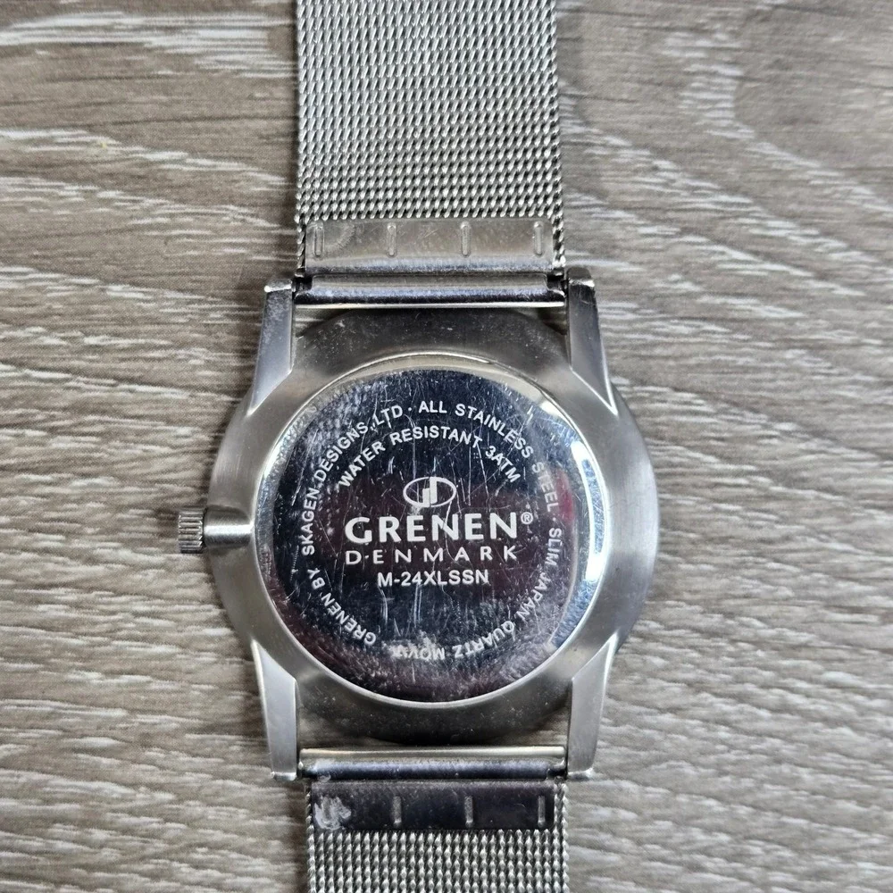 Grenen Denmark Watch Stainless Steel Blue Dial Mesh Band Date Mens M-24XLSSN Gif